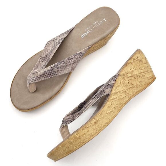 Lorenzo Chelini Taupe Faux Snakeskin Cork Wedge Sandal Thong Flip Flop Size 10 - Picture 16 of 16